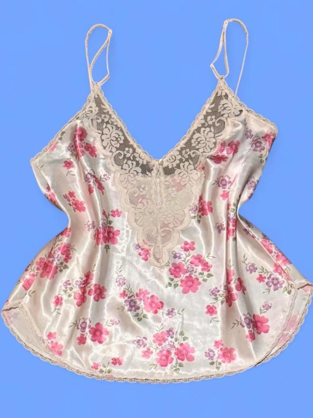 Vintage Maidenform Pink Floral Satin Camisole with Lace Trim